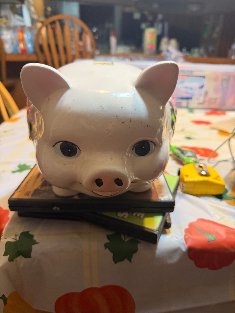 White Ceramic Piggy Bank with Pink Rose Accent - Decorative Home Accent